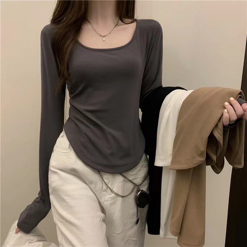 秋冬短款u领不规则长袖T恤女秋冬可外穿打底上衣高级感修身打底衫