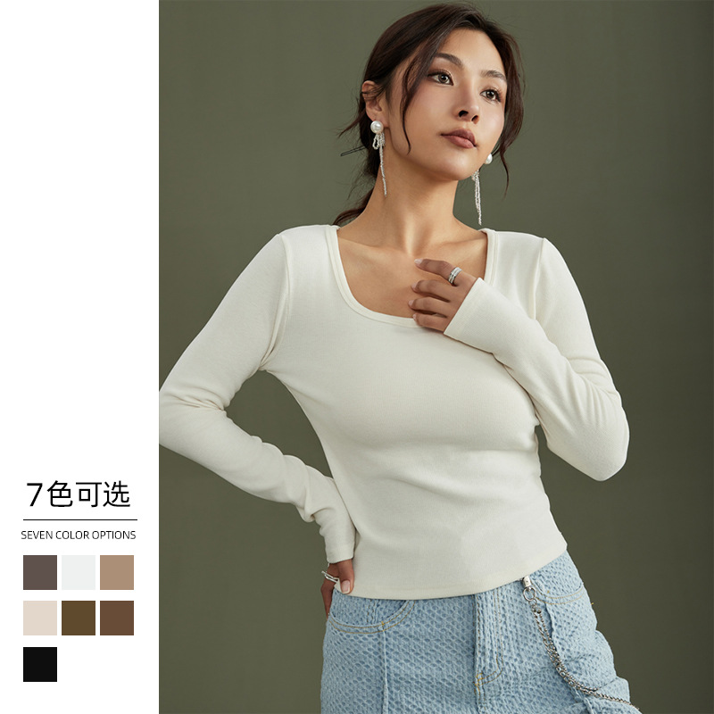 方领内搭打底衫女秋冬2025新款加绒加厚保暖长袖t恤修身显瘦上衣