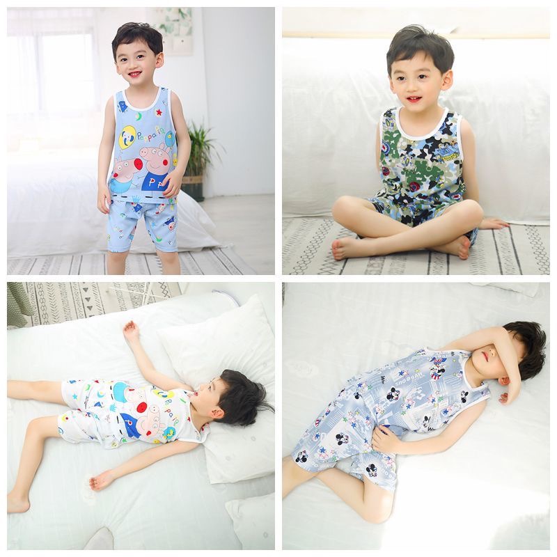 儿童棉绸背心套装夏季男童女童短裤无袖空调服薄款睡衣小孩家居服