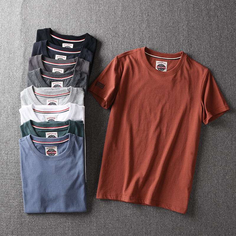 夏季 外贸男装水洗磨毛纯棉面料男士纯色圆领短袖T恤男欧美单t恤10